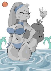  2021 anthro bikini blue_clothing bodily_fluids bottomwear breasts cleavage closed_eyes clothed clothing digital_media_(artwork) dust_bunny female feral fur grey_body grey_ear grey_fur grey_hair grey_tail grise_(puppkittyfan1) group hair happy hi_res lagomorph leporid long_ears long_hair mammal navel palm_tree plant puppkittyfan1 rabbit shaded smile solo_focus sun sweat swimwear tail thick_thighs topwear tree underwear water wide_hips 