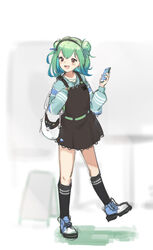  :d absurdres alternate_costume bag black_dress black_socks blue_footwear blue_hair blush commentary_request dress female full_body gradient_hair green_hair green_sweater highres holding holding_phone hololive kneehighs long_sleeves looking_away medium_hair mimizuku_(mmiganaru) multicolored_hair phone pinafore_dress puffy_long_sleeves puffy_sleeves red_eyes shoes sleeveless sleeveless_dress smile socks solo sweater uruha_rushia virtual_youtuber 