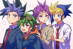  4boys alternate_costume arms_around_waist bangs blush casual forked_eyebrows male_focus mikami_(mkm0v0) multicolored_hair multiple_boys necktie purple_eyes purple_hair red_necktie sakaki_yuuya school_uniform simple_background sweatdrop two-tone_hair upper_body yu-gi-oh! yu-gi-oh!_arc-v yuugo_(yu-gi-oh!) yuuri_(yu-gi-oh!) yuuto_(yu-gi-oh!) 