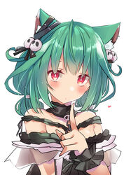  ahoge animal_ears black_dress black_neckwear black_wrist_cuffs blush cat_ears dress earrings female ghost_earrings green_hair hair_ornament hand_up heart highres hololive jewelry looking_at_viewer off-shoulder_dress off_shoulder official_alternate_costume red_eyes shirogane_(platinum) short_hair short_twintails simple_background skull_hair_ornament solo twintails upper_body uruha_rushia uruha_rushia_(3rd_costume) virtual_youtuber white_background wrist_cuffs 