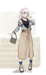  :d absurdres alternate_costume bag black_shirt blue_socks brown_skirt commentary_request female full_body green_eyes grey_hair handbag highres hololive jacket long_skirt long_sleeves looking_at_viewer medium_hair mimizuku_(mmiganaru) open_clothes open_jacket plaid plaid_jacket shirogane_noel shirt shoes skirt sleeveless sleeveless_shirt smile socks solo standing striped_clothes striped_skirt vertical-striped_clothes vertical-striped_skirt virtual_youtuber wavy_hair white_footwear 