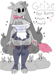  2021 anthro black_clothing breasts character_name cleavage closed_eyes clothed clothing digital_media_(artwork) dust dust_bunny dust_cloud female feral fur grey_body grey_ear grey_fur grey_hair grise_(puppkittyfan1) group hair hi_res holding_object lagomorph leporid long_ears long_hair maid_uniform mammal multicolored_body multicolored_fur multicolored_hair paws pink_clothing puppkittyfan1 rabbit simple_background smile solo_focus two_tone_body two_tone_ear two_tone_fur two_tone_hair uniform white_background wide_hips 