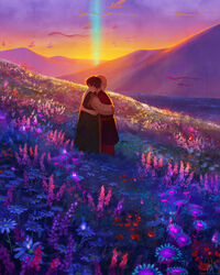  2boys avatar_legends balding beard bioluminescence burn_scar commentary devin_elle_kurtz english_commentary facial_hair field flower glowing grey_hair hair_bun highres hug iroh long_beard long_hair mountainous_horizon multiple_boys outdoors photoshop_(medium) purple_sky scar single_hair_bun sky standing sunrise the_legend_of_korra uncle_and_nephew zuko 