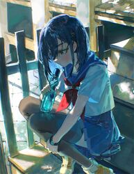  black_thighhighs blue_hair blue_sailor_collar blue_skirt blush bob_cut bottle brown_eyes chromatic_aberration commentary day female fence flip_flappers foot_out_of_frame hair_ornament hairclip hand_on_own_leg hand_up highres holding holding_bottle knees_up kokomine_cocona looking_away neckerchief on_stairs outdoors parted_lips pleated_skirt quasarcake ramune red_neckerchief sailor_collar school_uniform serafuku shirt shoes short_hair short_sleeves sitting sitting_on_stairs skirt sneakers solo stairs thighhighs watch white_shirt wooden_fence wristwatch yellow_footwear zettai_ryouiki 