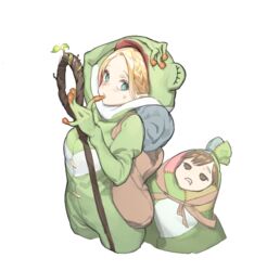  1boy alternate_costume ambrosia_(dungeon_meshi) animal_costume bag bedroll biting blonde_hair blush braid brown_eyes brown_hair chilchuck_tims cosplay dungeon_meshi elf female frog_costume green_eyes halfling hand_on_head holding holding_staff kmpym korean_commentary marcille_donato parted_lips pelt pointy_ears saliva simple_background staff sweat white_background 