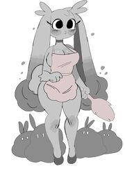  2021 anthro apron apron_only breasts cleavage clothed clothing digital_media_(artwork) dust dust_bunny dust_cloud female feral fur grey_body grey_ear grey_fur grey_hair grey_tail grise_(puppkittyfan1) hair hi_res holding_object lagomorph leporid long_ears long_hair mammal mostly_nude paws pink_apron pink_clothing puppkittyfan1 rabbit simple_background solo tail white_background 