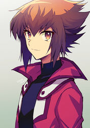  1boy bangs brown_hair collared_jacket hair_between_eyes jacket light_brown_hair light_smile looking_at_viewer male_focus mikami_(mkm0v0) multicolored_hair red_jacket school_uniform sidelocks solo two-tone_hair upper_body yu-gi-oh! yu-gi-oh!_gx yuuki_juudai 