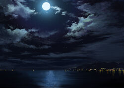  absurdres city city_lights cloud cloudy_sky commentary derivative_work full_moon highres light moon moonlight mountain mountainous_horizon night night_sky no_humans ocean outdoors pajaman reflection reflective_water scenery shore sky star_(sky) star_(symbol) 