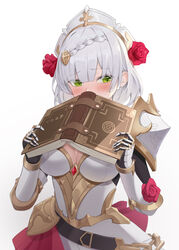  amco armor armored_dress belt blush book braid breasts cleavage commentary_request covered_mouth dress embarrassed female flower gauntlets genshin_impact green_eyes grey_hair hair_flower hair_ornament hat highres holding holding_book large_breasts looking_away looking_to_the_side noelle_(genshin_impact) open_book red_flower red_rose rose short_hair shoulder_armor simple_background solo upper_body white_background white_dress white_hat 