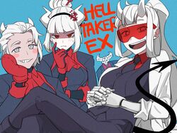  3girls black_pants blue_background demon_girl demon_tail gloves grey_eyes helltaker horns justice_(helltaker) lab_coat long_hair long_sleeves looking_at_viewer loremaster_(helltaker) lucifer_(helltaker) mechanical_arms mole mole_under_eye multiple_girls open_mouth pants ponytail red-tinted_eyewear red_eyes red_gloves shishima_eichi smile subject_67_(helltaker) tail teeth tinted_eyewear upper_teeth_only white_hair white_horns 