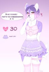  alternative_fashion anthro blush bottomwear canid canine canis clothed clothing crossdressing dialogue domestic_dog embarrassed english_text femboy hair heart_symbol hi_res highlights_(coloring) husky inner_ear_fluff j-fashion jewelry jirai_kei legwear male mammal midriff necklace nervous nordic_sled_dog pink_highlights pink_stockings purple_bottomwear purple_clothing purple_hair purple_skirt red_eyes shirt skirt slim solo speech_bubble spitz standing stockings strip_meme tear_monster text topwear tuft virtualkohai 