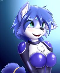  absurd_res an-tonio anthro blue_hair bodysuit breasts canid canine clothed clothing female fox fur green_eyes hair hi_res krystal_(star_fox) looking_up mammal nintendo simple_background skinsuit smile solo star_fox tight_clothing 