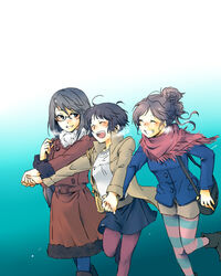  3girls :d bag black_footwear black_hair blue_coat blue_legwear boots brown_coat closed_eyes coat funahara_yuki fur_trim glasses gradient_background handbag holding_hands long_hair long_sleeves looking_at_another minase_kaori_(psycho-pass) multiple_girls open_mouth pantyhose pink_legwear psycho-pass scarf short_hair skipping skirt smile striped_clothes striped_thighhighs thighhighs tsunemori_akane visible_air yusacan 