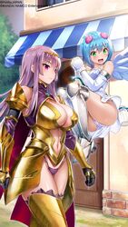  2girls absurdres angel_wings armor armored_boots ass asymmetrical_wings bikini_armor black_gloves blue_hair blunt_ends blush boots breasts cape center_opening chemise circlet claudette_(queen&#039;s_blade) claudette_(queen&#039;s_blade_unlimited) cleavage cleavage_cutout closed_mouth clothing_cutout company_connection curvy day dress elbow_gloves faulds feathered_wings floating full_body g-string gem gloves gold_armor greaves green_eyes hair_bobbles hair_ornament halterneck highleg highleg_panties highres interlocked_fingers large_breasts lips long_hair looking_at_viewer multiple_girls nanael_(queen&#039;s_blade) nanael_(queen&#039;s_blade_unlimited) navel navel_cutout official_art oosaki_shin&#039;ya open_mouth outdoors outline own_hands_together panties pantyshot pauldrons polka_dot polka_dot_panties purple_eyes purple_hair purple_panties queen&#039;s_blade queen&#039;s_blade_unlimited queen&#039;s_blade_white_triangle red_cape shiny_skin short_dress short_hair shoulder_armor sidelocks standing straight_hair string_panties thighs thong turtleneck underwear vambraces white_dress white_gloves white_wings winged_footwear wings 