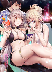  1boy 2girls bad_e-hentai_id bad_id bare_legs between_breasts bikini black-framed_eyewear black_bikini black_hair black_scrunchie blonde_hair blue_eyes braid breasts closed_eyes closed_mouth collarbone competition_swimsuit cup fate/grand_order fate_(series) fujimaru_ritsuka_(male) fujimaru_ritsuka_(male)_(tropical_summer) glasses grey_hair grin hair_ornament hair_scrunchie hawaiian_shirt high_ponytail highres holding holding_another&#039;s_hair holding_cup jeanne_d&#039;arc_(fate) jeanne_d&#039;arc_(swimsuit_archer)_(fate) jeanne_d&#039;arc_(swimsuit_archer)_(second_ascension)_(fate) jeanne_d&#039;arc_alter_(fate) jeanne_d&#039;arc_alter_(swimsuit_berserker)_(fate) large_breasts long_hair low-tied_long_hair mana_(remana) massage multiple_girls official_alternate_costume one-piece_swimsuit sarong scrunchie shirt skindentation smile swimsuit thighlet very_long_hair white_one-piece_swimsuit yellow_eyes 