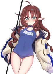  :&lt; absurdres ahoge arknights ass_visible_through_thighs blush breasts brown_hair commentary_request covered_navel ear_piercing female flagpole green_eyes highres holding holding_pole jacket kusonemita long_hair looking_at_viewer myrtle_(arknights) name_tag off_shoulder piercing pointy_ears pole school_swimsuit simple_background small_breasts solo standard_bearer swimsuit thighs white_jacket 