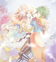  2girls asellus_(saga_frontier) breasts brown_hair cleavage closed_mouth commentary_request dress flower gloves green_eyes green_hair highres holding_hands interlocked_fingers long_hair looking_at_viewer miruhito_(sakiomiruhito) multiple_girls princess_white_rose rose saga saga_frontier short_hair socks striped_clothes striped_socks vertical-striped_clothes vertical-striped_socks white_flower white_rose 