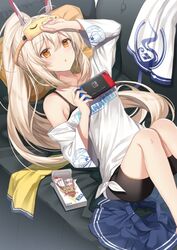  ayanami_(azur_lane) ayanami_(off-duty_battle_station_gear)_(azur_lane) azur_lane bike_shorts black_shorts black_tank_top couch feet_out_of_frame female food headgear high_ponytail lying nintendo_switch orange_eyes platinum_blonde_hair pocky ponytail shirt shorts solo sugisaki_yuu tank_top white_shirt 