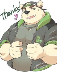  2021 anthro bear clothing ellie_saionji fur grandoroff hat headgear headwear heart_symbol hi_res kemono male mammal musclegut muscular overweight overweight_anthro overweight_male polar_bear shirt simple_background solo text topwear ursine white_background white_body white_fur 