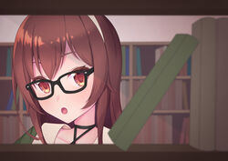  .live absurdres bad_id bad_pixiv_id bespectacled blurry blurry_background book bookshelf bookshelf_pov brown_eyes brown_hair collarbone female glasses hair_between_eyes headband highres library long_hair looking_at_viewer open_mouth pov solo_focus unidon_48 virtual_youtuber yaezawa_natori 