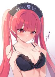  bemani black_bra blunt_bangs blush bow bow_bra bra breasts cleavage closed_mouth collarbone female gradient_background hands_on_own_chest konoha_(sound_voltex) long_hair looking_down maid_headdress medium_breasts mikaze_oto red_eyes red_hair skull_and_crossbones solo sound_voltex translated twintails underwear underwear_only upper_body very_long_hair white_background 