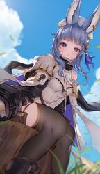  animal_ears bare_shoulders black_footwear blue_hair breasts cleavage cloud detached_sleeves erune female granblue_fantasy hair_ornament hat highres nido_celisius pantyhose pout purple_eyes short_hair sitting sky solo staff thighs tikoh tree_stump 