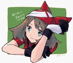  bandana border brown_hair closed_mouth commentary_request dated eyelashes female gloves green_background grey_eyes ittumozzz may_(pokemon) medium_hair outside_border pokemon pokemon_rse red_bandana red_shirt shirt short_sleeves smile solo translated white_border white_gloves 