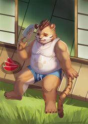  2021 aipangpangdeyua anthro belly bodily_fluids bottomwear clothed clothing detailed_background felid feline food fruit hi_res humanoid_hands kemono male mammal melon outside overweight overweight_anthro overweight_male plant shirt shorts sitting solo sweat tank_top tongue tongue_out topwear watermelon watermelon_slice 