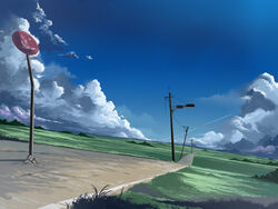  blue_sky cloud cloudy_sky commentary contrail dark_clouds derivative_work fantasy grass highres mountainous_horizon nature no_humans outdoors pajaman perspective road road_sign scenery shadow sign sky summer sunlight traffic_light utility_pole 