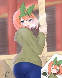  &gt;_&lt; :d ass blue_eyes blue_pants blurry blurry_background blush breath closed_eyes closed_mouth commentary_request denim depth_of_field eyebrows_hidden_by_hair female flying_sweatdrops go-toubun_no_hanayome green_hoodie green_ribbons hair_ribbon highres hood hood_down hoodie jeans kujou_karasuma looking_at_viewer looking_back nakano_yotsuba orange_hair pants ribbon signature smile sneezing spoken_clothes 