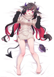  ahoge bags_under_eyes barefoot bed_sheet beige_sweater black_hair blush commentary demon_girl demon_horns demon_tail feet female full_body hair_between_eyes highres horns jewelry long_hair long_sleeves looking_at_viewer lying multicolored_hair necklace nijisanji on_back open_mouth panties pink_hair pointy_ears purple_panties red_eyes sabamen sleeves_past_wrists solo sweater tail toes two-tone_hair underwear upshirt very_long_hair virtual_youtuber yamiyono_moruru yamiyono_moruru_(3rd_costume) 