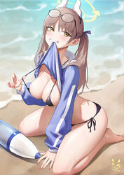  animal_ears barefoot beach bikini black_bikini blue_archive blue_hoodie breasts brown_hair cleavage clothes_in_mouth commentary_request cropped_hoodie eyewear_on_head fake_animal_ears feet female full_body glasses grin halo highres hood hoodie inflatable_toy kneeling large_breasts legs long_hair moe_(blue_archive) moe_(swimsuit)_(blue_archive) mouth_hold official_alternate_costume outdoors pink_nails pulling_own_clothes rabbit_ears raised_eyebrows round_eyewear shadow_cat_(yingmiao) shirt_in_mouth sideboob smile solo strap_pull swimsuit teeth teeth_hold toes twintails yellow_eyes 