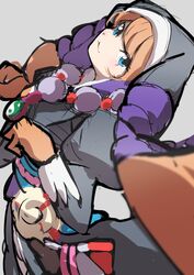  :3 absurdres animal_ears animal_nose bead_necklace beads blue_eyes brown_hair closed_mouth dress facial_mark female floppy_ears grey_background grey_dress grey_hat hat highres hiiragi_no_horin jewelry juliet_sleeves leaning_back long_sleeves looking_at_viewer necklace obi onmyou_taisenki pakotaroh puffy_sleeves rabbit_ears rabbit_girl sash shaft_look short_hair simple_background smile solo yin_yang 