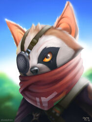  2021 3:4 ambiguous_gender angry anthro biomutant black_body black_eyes black_fur black_nose breed_(biomutant) brown_body brown_fur bust_portrait close-up clothed clothing cloud detailed experiment_101 eye_patch eyewear fur hi_res looking_at_viewer mammal multicolored_body multicolored_fur orange_sclera outside plant portrait primal_(biomutant) procyonid protagonist_(biomutant) raccoon scar scarf shirt sky solo thq_nordic toastydraws topwear tree white_body white_fur 