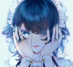  blue_eyes blue_hair blue_nails blue_theme choker closed_mouth covering_face female fingernails frilled_choker frills hair_over_one_eye hands_on_own_face jewelry lipstick maid maid_headdress makeup mobukyara_(mobumobu0817) multiple_rings nail_polish original peeking_out portrait ring simple_background smile solo swept_bangs 