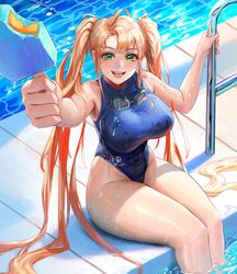  blush breasts female food goggles goggles_around_neck green_eyes highres incoming_food korean_commentary large_breasts last_origin long_hair nereid_(last_origin) official_alternate_costume one-piece_swimsuit open_mouth orange_hair pool poolside popsicle smile solo swimsuit thighhighs twintails very_long_hair wet wet_hair wonchun 