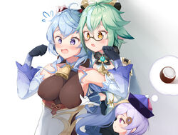  3girls ahoge animal_ears armpits bell blue_hair blush breast_envy breasts coconut commentary_request cowbell detached_sleeves drooling fruit_cup ganyu_(genshin_impact) genshin_impact glasses gloves goat_horns green_eyes green_hair hair_ornament hat highres horns jiangshi kanon_(sinto) large_breasts long_hair long_sleeves multiple_girls open_mouth purple_eyes purple_hair qingdai_guanmao qiqi_(genshin_impact) short_hair sucrose_(genshin_impact) yellow_eyes yuri 