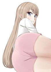  ass brown_hair commentary_request easy_(aqk7bdqt) female frown gal_to_kyouryuu grey_eyes kaede_(gal_to_kyouryuu) long_hair looking_at_viewer lying on_side photoshop_(medium) pink_shorts shirt short_shorts shorts solo white_background white_shirt 