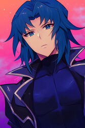  1boy bangs black_coat blue_eyes blue_hair coat male_focus marufuji_ryou medium_hair mikami_(mkm0v0) open_clothes open_coat shirt solo taut_clothes taut_shirt toned toned_male upper_body yu-gi-oh! yu-gi-oh!_gx 