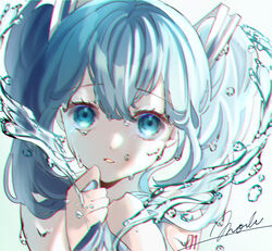  bare_shoulders blue_eyes blue_hair commentary dripping eyelashes female hair_ornament hair_over_shoulder hatsune_miku highres holding holding_own_hair long_hair looking_at_viewer mobukyara_(mobumobu0817) parted_lips portrait signature solo tears twintails vocaloid water wet wet_hair 