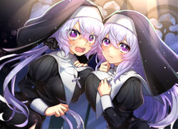  2girls blush breasts closed_mouth cross cross_necklace dual_persona grey_hair habit hair_ribbon indoors jewelry large_breasts light_rays long_hair looking_at_viewer multiple_girls necklace nun oerba_yun_fang open_mouth purple_eyes ribbon senki_zesshou_symphogear senki_zesshou_symphogear_xd_unlimited star-shaped_pupils star_(symbol) sweat symbol-shaped_pupils wada_chiyon yukine_chris yukine_chris_(another) 