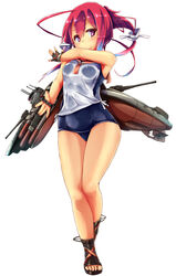  blue_one-piece_swimsuit brown_gloves commentary_request female fingerless_gloves full_body gloves highres i-168_(kancolle) kantai_collection long_hair looking_at_viewer machinery one-piece_swimsuit orange_sailor_collar ponytail red_eyes red_hair sailor_collar sandals school_swimsuit school_uniform side-tie_shirt simple_background sleeveless solo standing swimsuit unomi white_background 