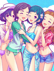  4girls ^_^ ^o^ bikini bikini_under_clothes blue_sky bracelet cheek-to-cheek closed_eyes denim denim_shorts girls_be_next_step_(idolmaster) haua heads_together highres hug idolmaster idolmaster_cinderella_girls jacket jewelry looking_at_another matsuo_chizuru multiple_girls navel okazaki_yasuha one_eye_closed partially_unzipped print_bikini sarong seki_hiromi shiragiku_hotaru shorts side-tie_bikini_bottom side-tie_peek sky smile swimsuit track_jacket 