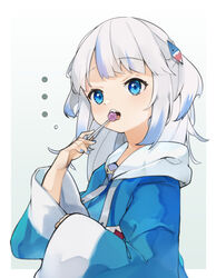  blue_eyes blue_hair blue_hoodie blue_nails candy commentary_request female food food_in_mouth gawr_gura gawr_gura_(1st_costume) grey_hair hair_ornament highres holding holding_candy holding_food holding_lollipop hololive hololive_english hood hood_down hoodie lollipop long_hair long_sleeves looking_at_viewer mimizuku_(mmiganaru) multicolored_hair nail_polish open_mouth shark_hair_ornament solo streaked_hair two_side_up upper_body virtual_youtuber wide_sleeves 