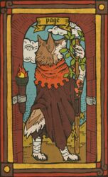  anthro bandage brown_eyes canid canine canis card card_template clothed clothing cloud digital_media_(artwork) fire fortune_telling fur mammal minor_arcana musorok page_of_wands_(tarot) paws plant sky smile solo standing tarot tarot_card text torch wands_(tarot) wolf zachary_coyote 