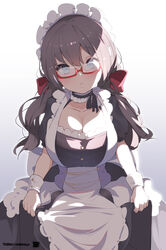  apron azur_lane bad_id bad_pixiv_id bespectacled black_hair blue_eyes bow breasts cleavage commentary_request female glasgow_(azur_lane) glasses hairbow highres large_breasts long_hair looking_at_viewer low_twintails maid maid_apron maid_headdress neck_garter puffy_short_sleeves puffy_sleeves red-framed_eyewear red_bow semi-rimless_eyewear short_sleeves tied_hair traditional_media twintails twitter_username unimon_e watermark wrist_cuffs 