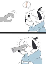  :o ambiguous_gender anthro black_ears blep blue_clothing blue_hoodie blue_topwear bone canid canine canis closed_eyes clothing digital_media_(artwork) disembodied_hand domestic_dog duo exclamation_point female floppy_ears fur grey_hands hair hair_over_eye hand_on_face hi_res hoodie mammal meme nose_grab one_eye_obstructed open_mouth pepper_(puppkittyfan1) puppkittyfan1 short_hair simple_background snoot_challenge solo_focus speech_bubble tongue tongue_out topwear white_background white_body white_fur white_hair 