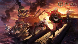  6+girls antenna_hair azur_lane bangs bare_shoulders black_dress black_hair black_legwear blonde_hair blue_eyes breasts brown_eyes cannon character_request deutschland_(azur_lane) dress eyebrows_visible_through_hair friedrich_der_grosse_(azur_lane) full_body fur_trim gloves graf_zeppelin_(azur_lane) hair_between_eyes hair_over_one_eye hair_tucking hat headgear highres horns iron_cross jacket large_breasts long_hair long_sleeves mechanical_hands multicolored_hair multiple_girls open_mouth outdoors pantyhose peaked_cap prinz_eugen_(azur_lane) red_eyes red_hair red_horns rigging roon_(azur_lane) ryota-h short_hair silver_hair sitting skirt splashing standing streaked_hair thighhighs two_side_up uniform very_long_hair white_hair yellow_eyes 