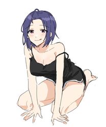  :q ahoge black_shorts black_tank_top blue_hair blush breasts cleavage collarbone danji_bang dark_blue_hair dolphin_shorts female forehead highres idolmaster idolmaster_(classic) idolmaster_million_live! korean_commentary large_breasts looking_at_viewer miura_azusa parted_bangs red_eyes seiza short_hair shorts simple_background sitting smile solo strap_slip tank_top tongue tongue_out white_background 