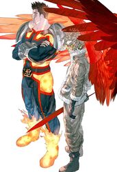  2boys beard blonde_hair boku_no_hero_academia bomber_jacket boots burn_scar costume crossed_arms endeavor_(boku_no_hero_academia) facial_hair facial_mark feather_sword feathered_wings feathers feet_out_of_frame fingerless_gloves fire from_above fur-trimmed_jacket fur_trim gloves hawks_(boku_no_hero_academia) headphones highres jacket kataruruni male_focus mature_male multiple_boys muscular muscular_male pyrokinesis red_feathers red_hair rimless_eyewear scar scar_across_eye scar_on_cheek scar_on_face scar_on_mouth size_difference skin_tight superhero_costume tinted_eyewear twitter_username unconventional_weapon white_background wings 